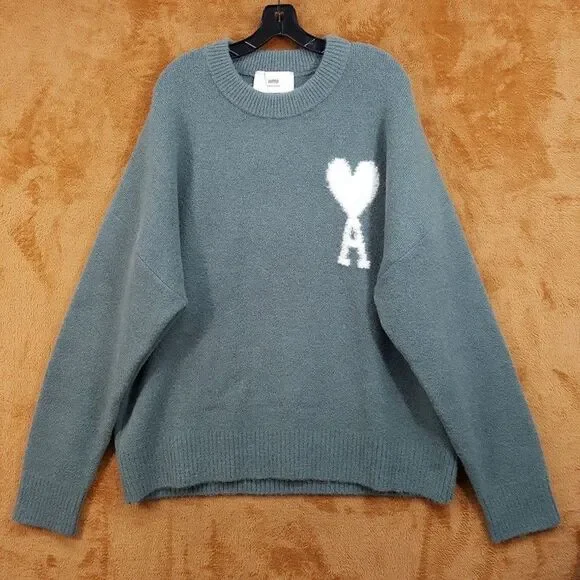 AMI PARIS Sweater Mens XXL Green Boxy Heart Logo Wool Alpaca De Coeur $685 - Picture 3 of 11